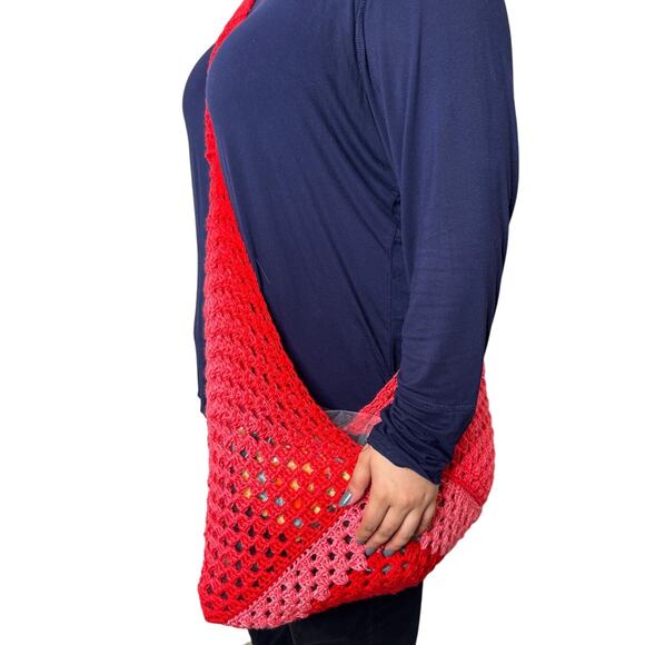 Handmade Crochet Pink Red Slouchy Oversized Crossbody Bag Purse Tote Beach Y2K - Picture 7 of 8